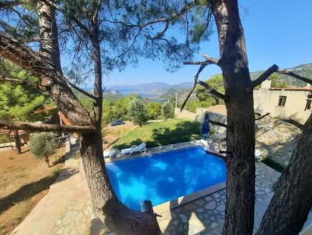 Muğla Dalyan Gökbelde Sea View, Swimming Pool, 1800 M2 Land 2 1 Furnished Stone House For Rent